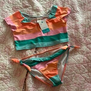 SNAPPER ROCK GIRLS CROP RASH TOP TWO PIECE SWIMSUIT - SUNSET STRIPES
